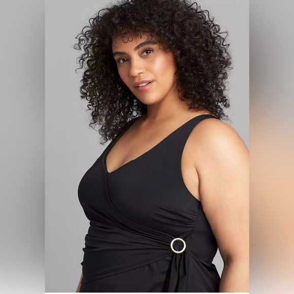 NEW! Cacique Swim Tankini Gold Ring Built in Bra Black SZ 18 - Picture 1 of 11